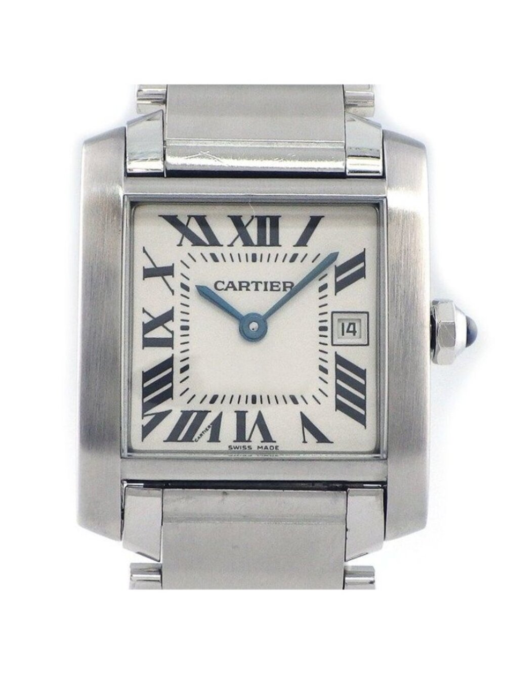 Cartier Watch Tank Francaise MM Square Silver Dial Roman Index Date SS Quartz